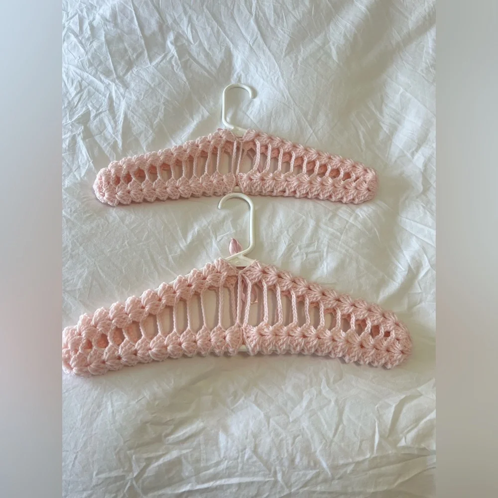 CROCHETED Clothes Hangers | Set Of 2 | Pale Pink Covers & Plastic Hangers Bow